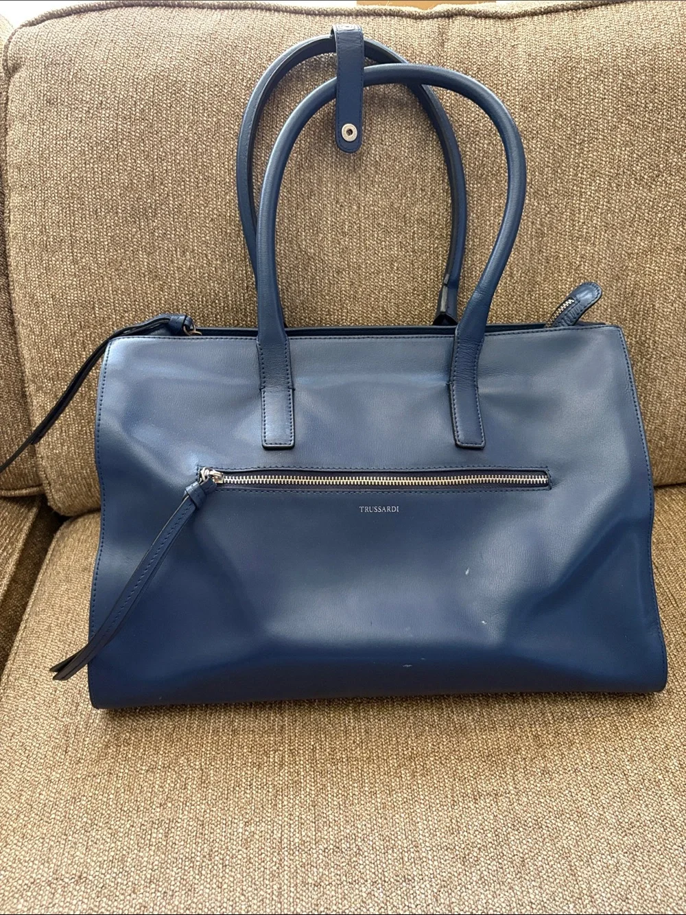 Trussardi Navy Blue Leather Laptop Bag